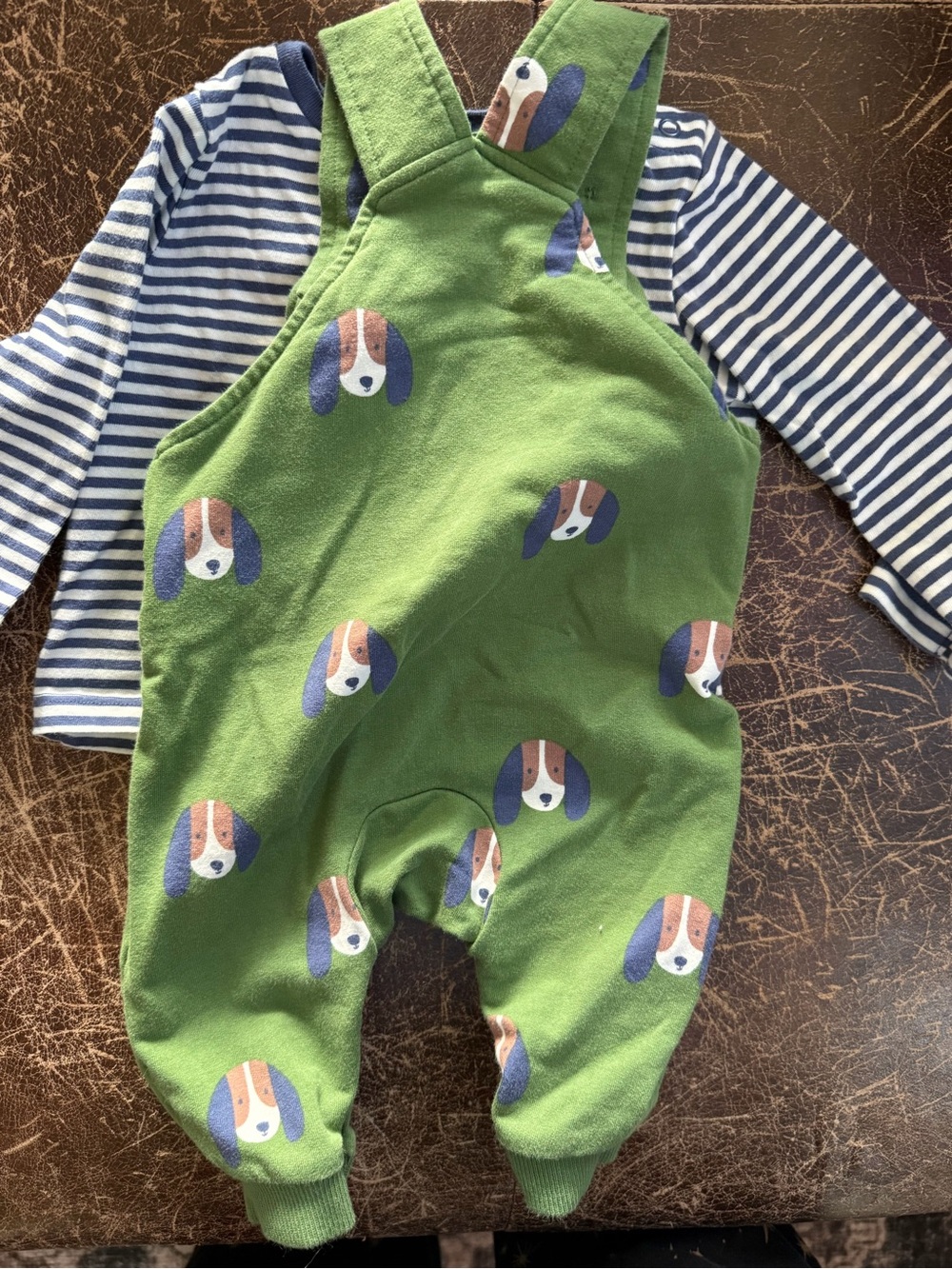 Mini Boden 3-6 mo Green Baby Overalls with Puppy Print Set